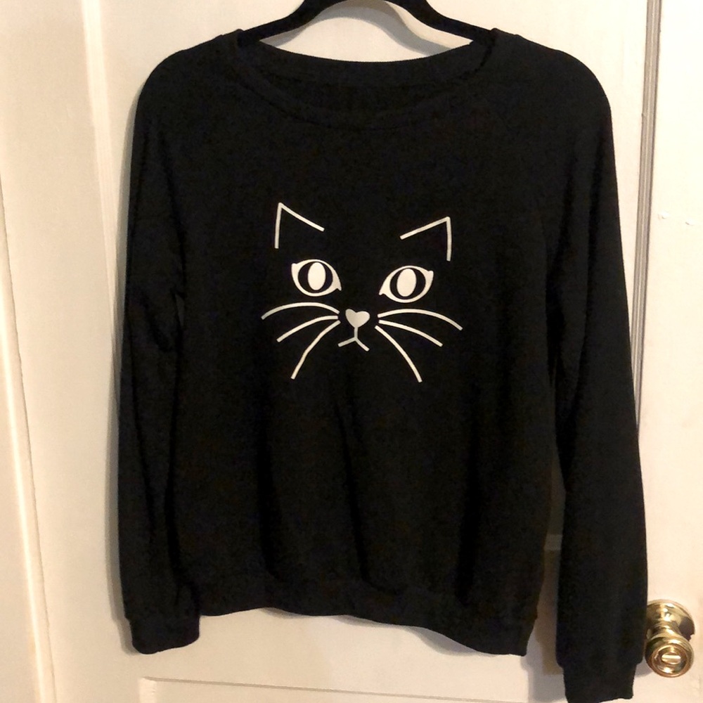 Cute kitty cat face black pullover sweatshirt size medium